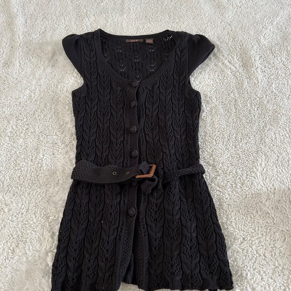 Heather B Black Knit M Crochet Long Cardigan Boho Fairy Goth Whimsigoth Cotton